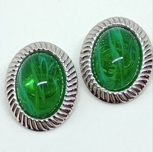 * vintage signed Cathe green marble swirl glass oval clip on earrings